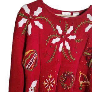 Vtg Kathy Lee Christmas Sweater Medium Retro Red Embroidered Holiday Ornaments